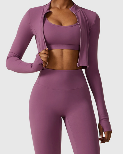 3 Pieces Workout Sets with Full Length Leggings, Scoop Neck Bra and Jacket