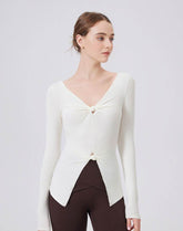 V Neck Twist Knot T-Shirts Long Sleeve Split Slim Fit Tops