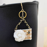 Metal Camellia Flower Mini Diamond Bag Shape Keychain
