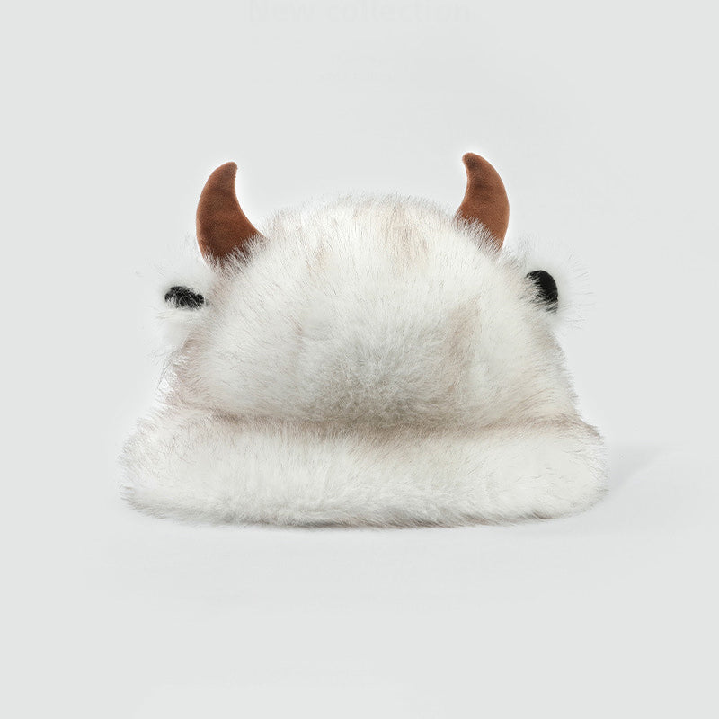 Winter Faux Fur Cow Bucket Hat Fuzzy Cute Animal Horns Cap