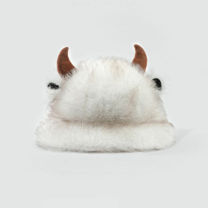 Winter Faux Fur Cow Bucket Hat Fuzzy Cute Animal Horns Cap