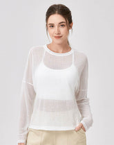 Sheer Long Sleeve Mesh Top Crewneck Loose See Through Blouse