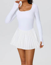 Long Sleeve Pleated Tennis Dress with Short and Pocket