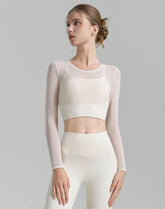 Mesh Long Sleeve Crop Tops V-shaped Cutout Back Yoga T-Shirt