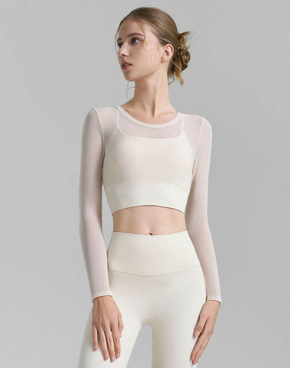 Mesh Long Sleeve Crop Tops V-shaped Cutout Back Yoga T-Shirt