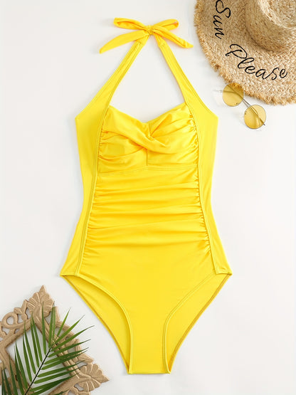 Ruched Halter Backless One-Piece Swimsuit - Create Sexy Silhouette