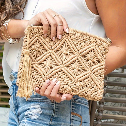 Geometric Print Fabric Straw Woven Clutch Bag