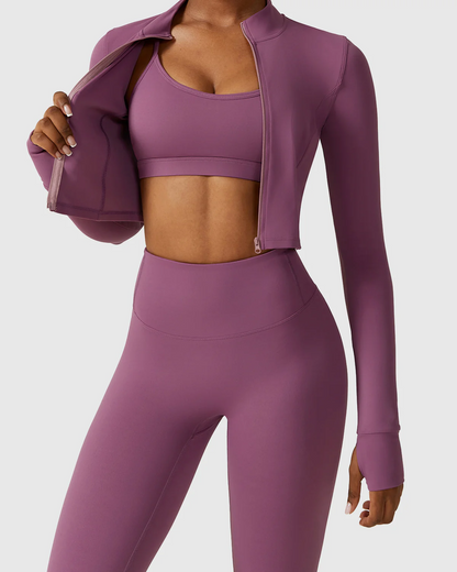 3 Pieces Workout Sets with Full Length Leggings, Scoop Neck Bra and Jacket