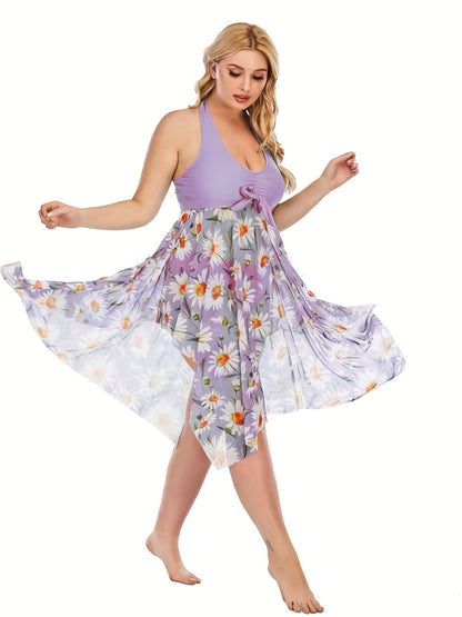 Plus Size Floral Print Irregular Hem Dress &amp; Panty Swimsuit Set