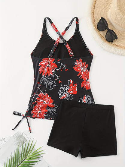 Floral Print Drawstring Criss Cross 2 Piece Tankini Set