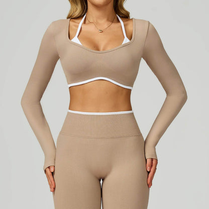 Backless Long Sleeve Workout Crop Top Gym Shirt with Halter