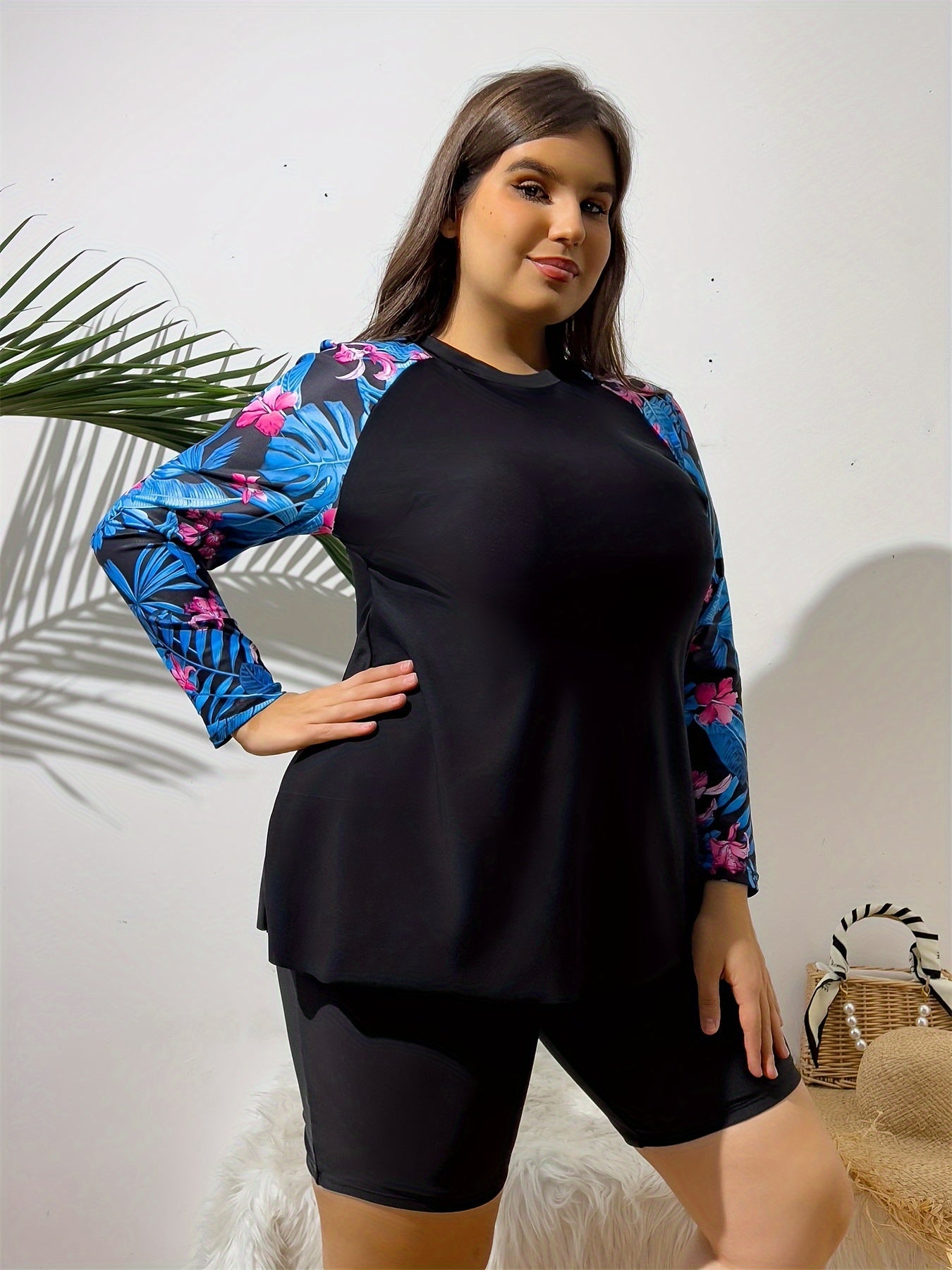 Plus Size Tropical Long Sleeves Swimwear Set