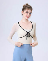 Faux Two Piece Long Sleeve Mesh Crop Top Tie Yoga T-Shirts