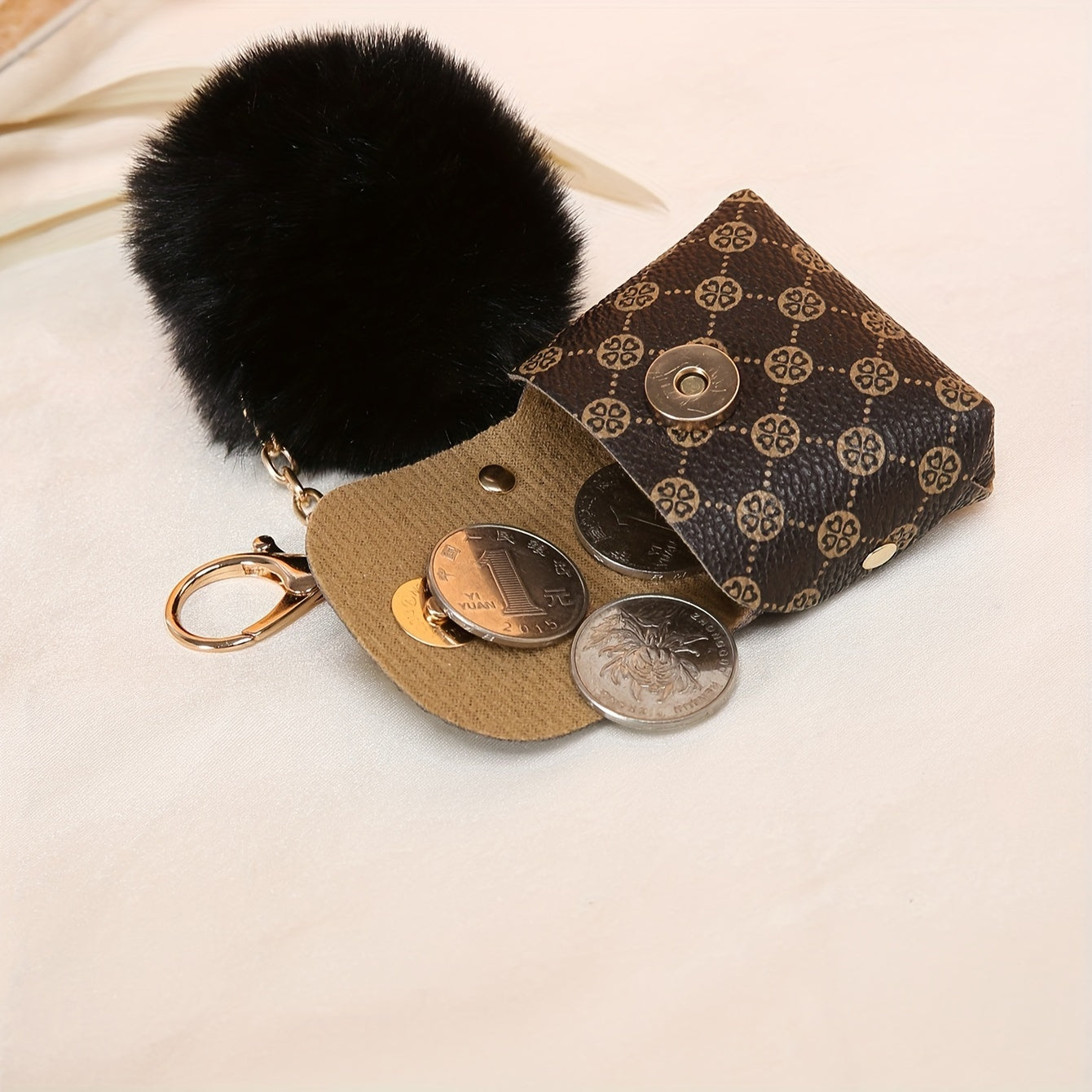 Coin Purse Keychain with Tassel and Fluffy Pom-Pom