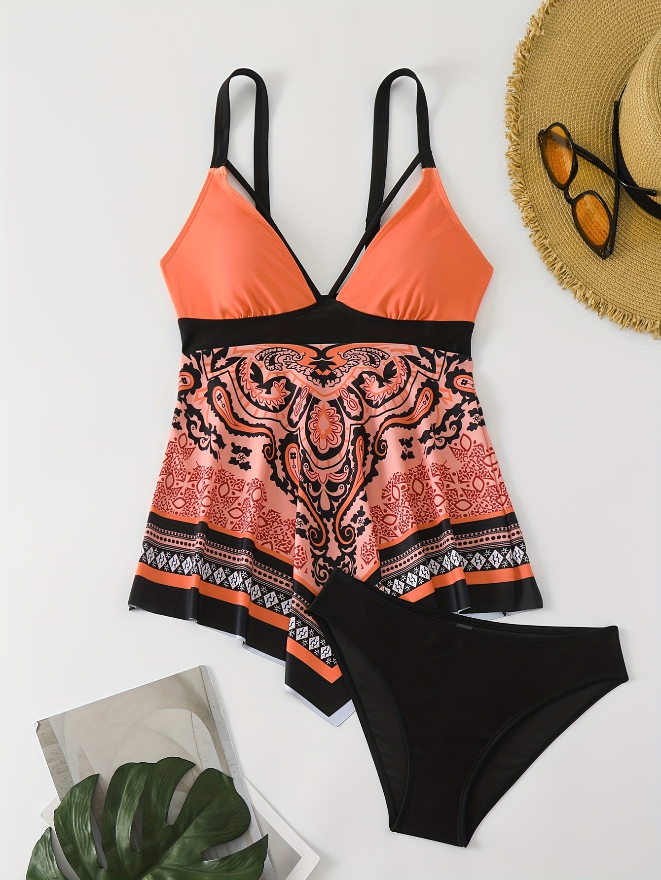 Tribal Print V Neck Hanky Hem High Cut Swimsuits