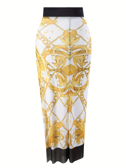 Golden Lion Motif One-Piece with Bowknot Shoulders &amp; Sheer Mesh Skirt