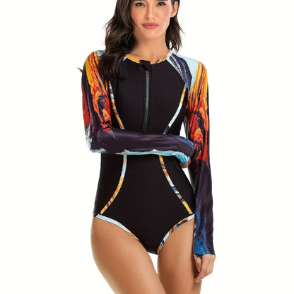 Geometric Print Long Sleeve Swimsuit