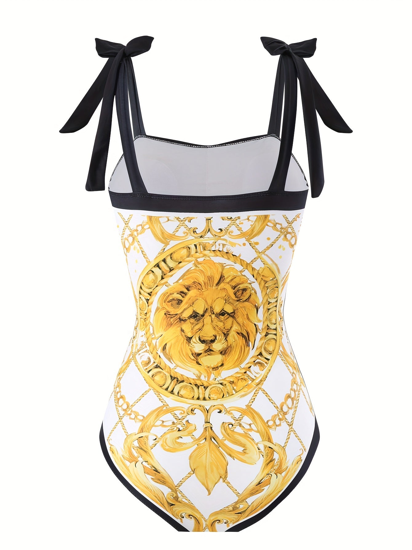 Golden Lion Motif One-Piece with Bowknot Shoulders &amp; Sheer Mesh Skirt