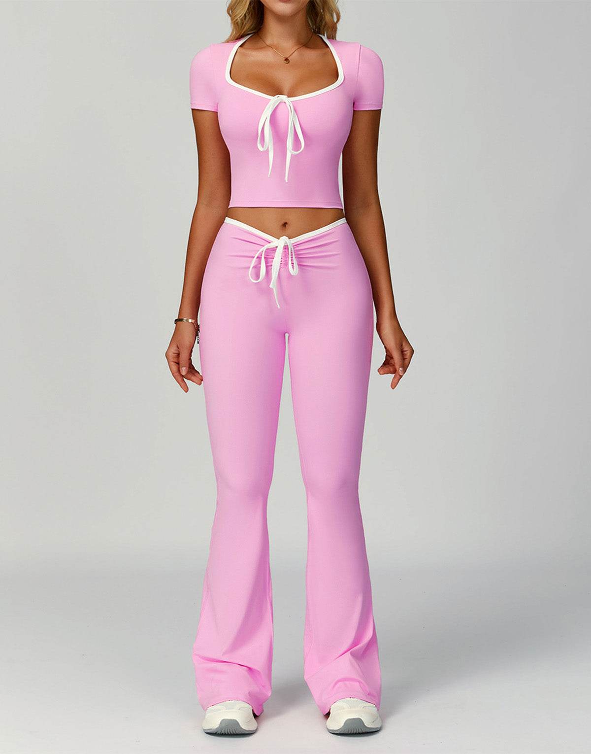2 Pieces Activewear Set with Bow Crop Tops and Flare Pants