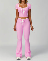 2 Pieces Activewear Set with Bow Crop Tops and Flare Pants