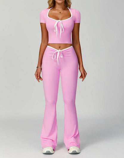2 Pieces Activewear Set with Bow Crop Tops and Flare Pants