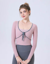 Faux Two Piece Long Sleeve Mesh Crop Top Tie Yoga T-Shirts