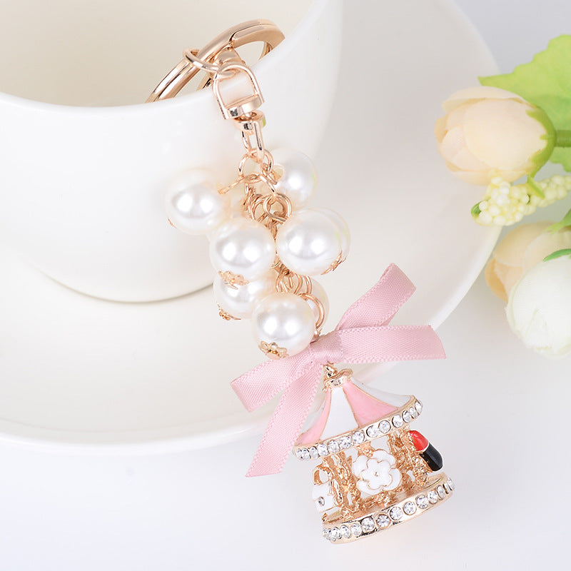 Carousel Bag Keychain with Bow Knot and Pearls Pendant