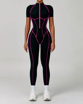 Three Dimensional Line Sports Backless Short Sleeve Jumpsuit