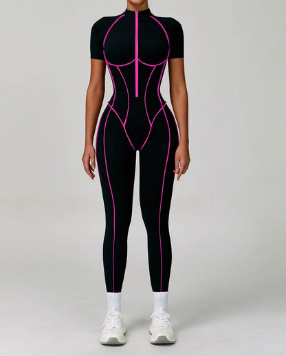 Three Dimensional Line Sports Backless Short Sleeve Jumpsuit