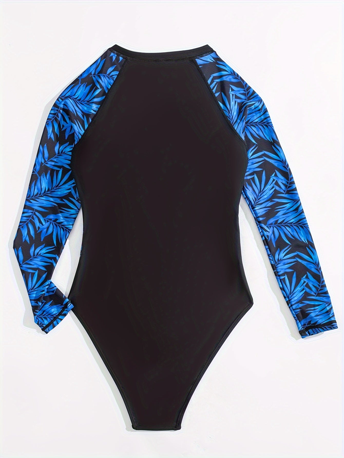 Leaf Print Zipper Long Sleeve One-piece Swimsuit