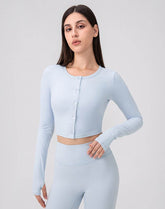 Long Sleeve Button Up Cropped Cardigan Crew Neck Tops