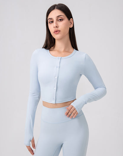 Long Sleeve Button Up Cropped Cardigan Crew Neck Tops