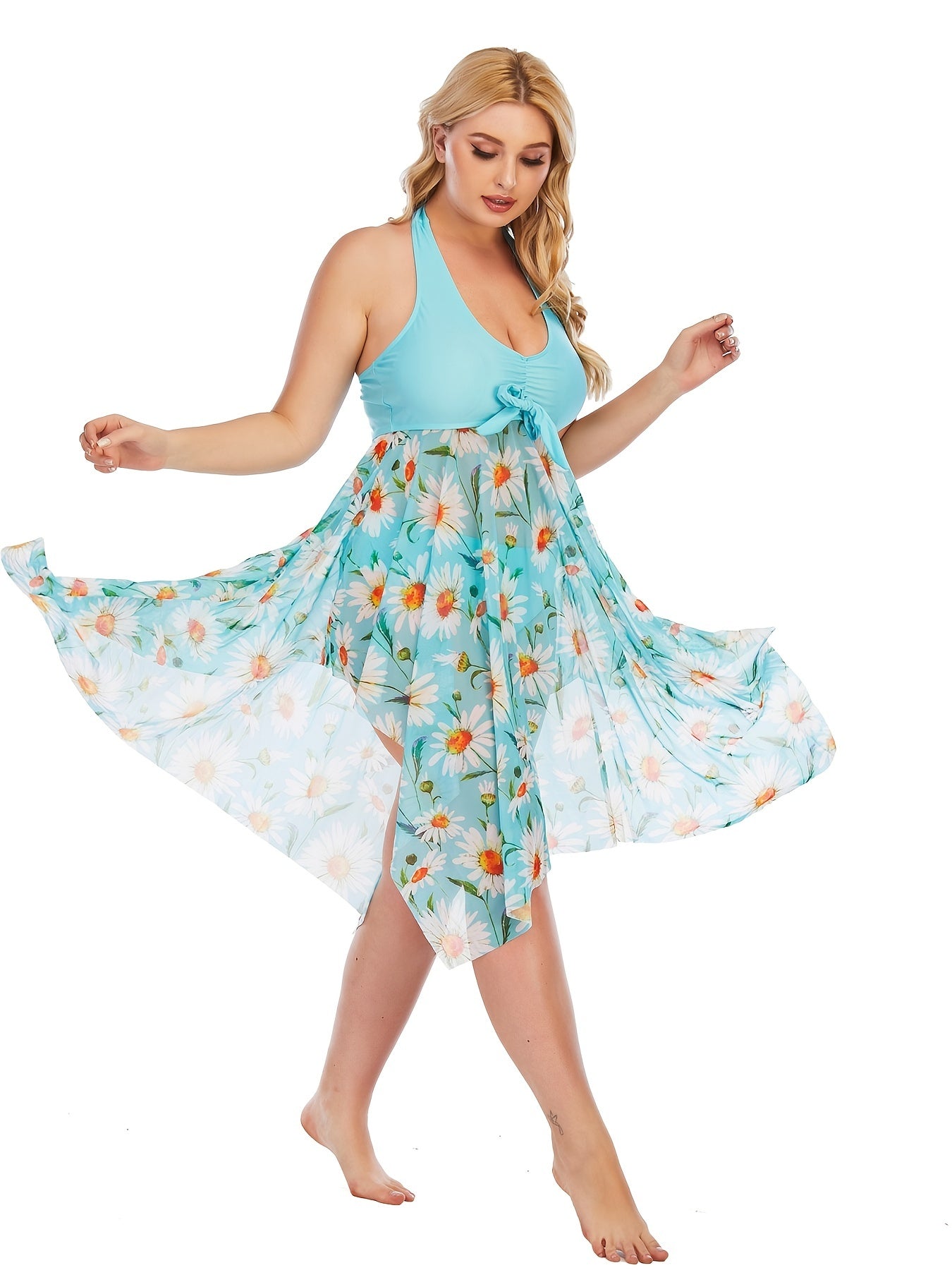 Plus Size Floral Print Irregular Hem Dress &amp; Panty Swimsuit Set