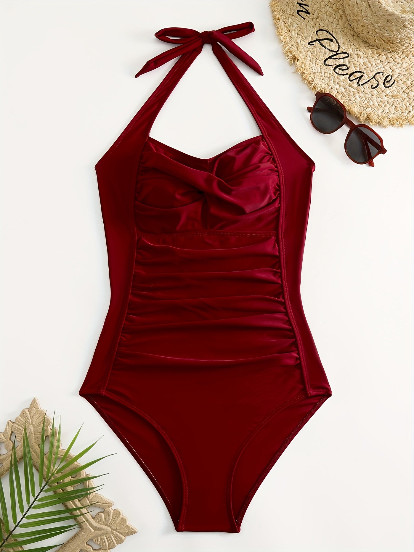 Ruched Halter Backless One-Piece Swimsuit - Create Sexy Silhouette