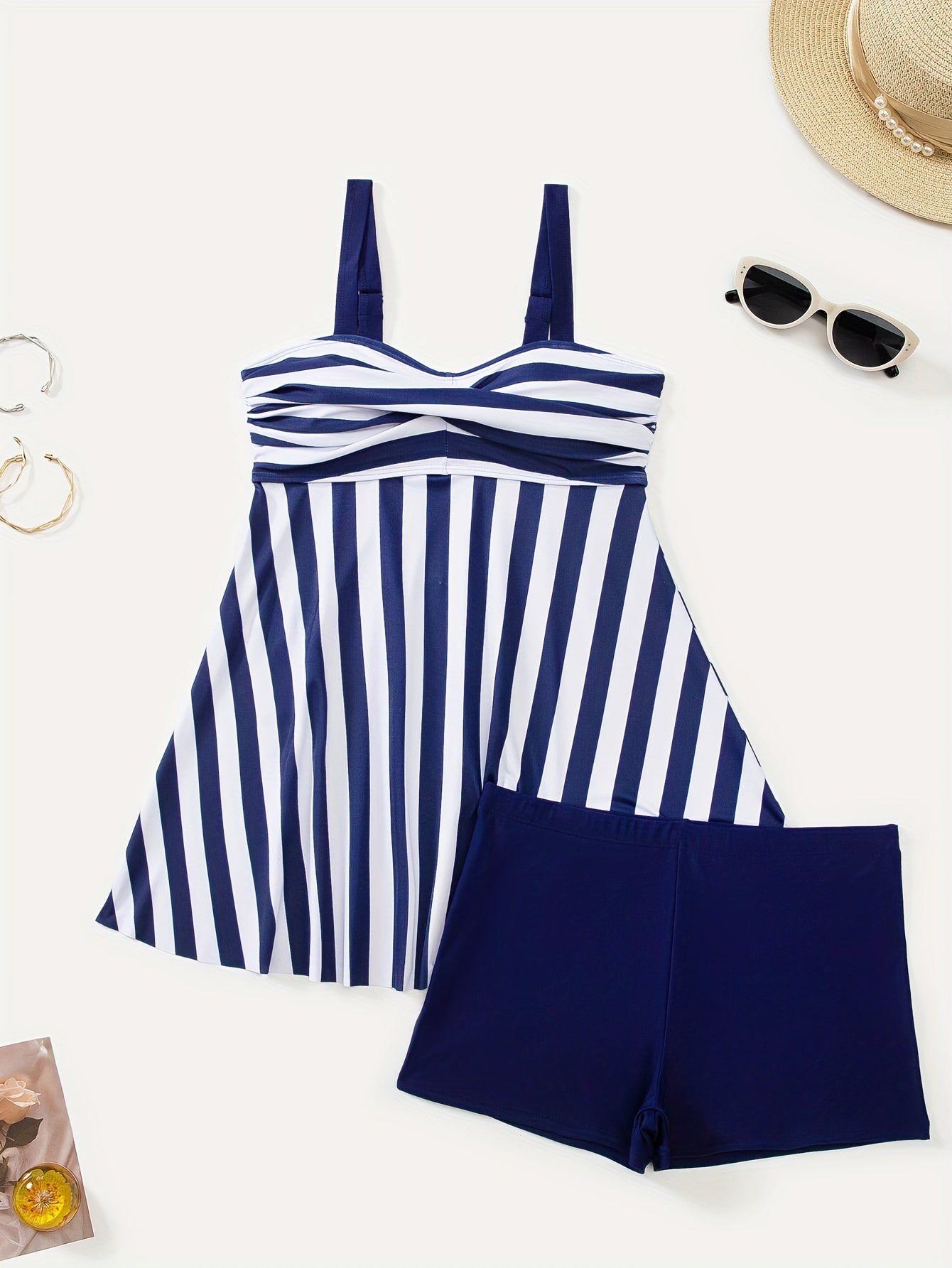 2 Piece Striped Print Tankini Swimsuit Set