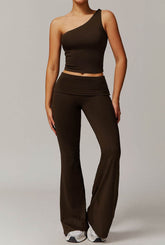 Active Wear Set with One Shoulder Knot Design Tank Top and Flare Pants