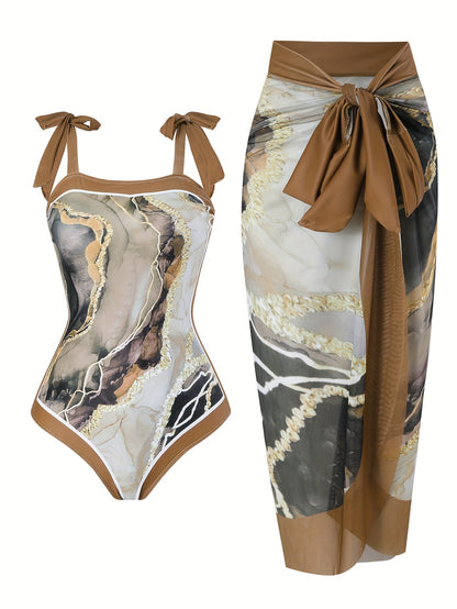 Chic Brown Marble Print Swimsuit Set