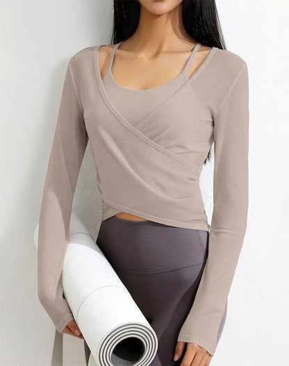Long Sleeve Athletic Tops Yoga Wrap Mesh Shirts