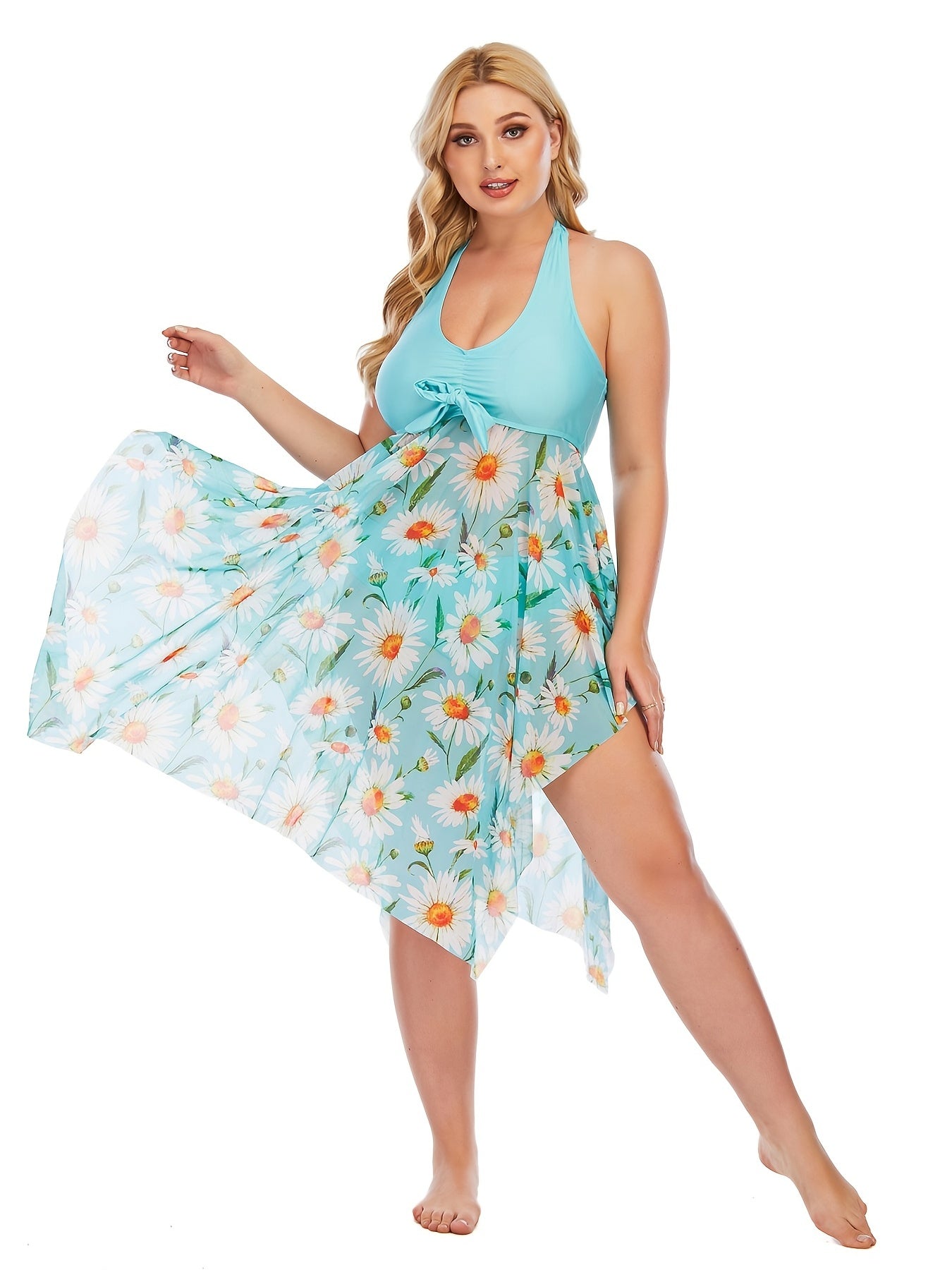 Plus Size Floral Print Irregular Hem Dress &amp; Panty Swimsuit Set