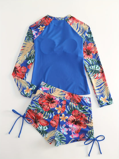 2-Piece Blue Floral Long Sleeve Swimsuit