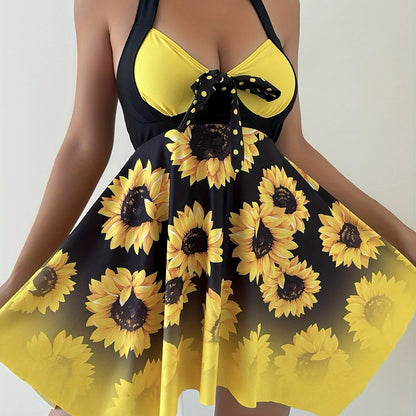 Vibrant Sunflower Print Two-Piece Tankini Set