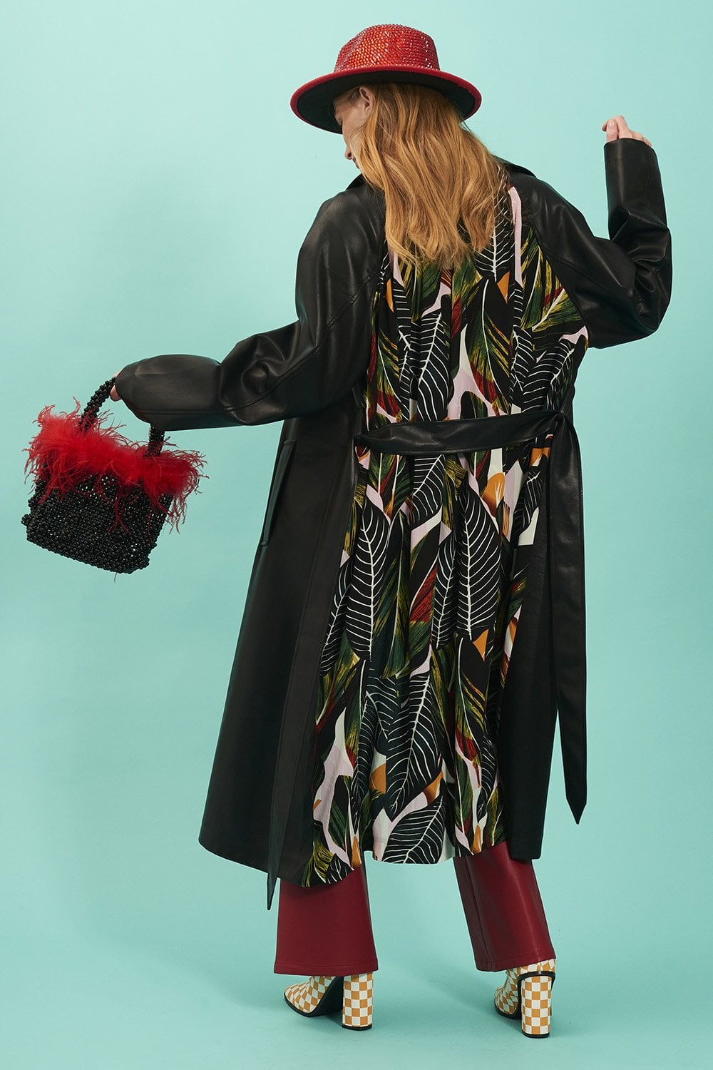 Eco Leather Trench Coat with Botanical Print Panel