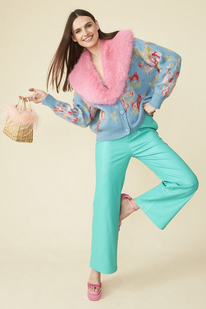 Banana Peel Floral Cardigan with Faux Fur Collar