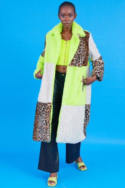 Maxi Checkered Leopard Print and Shearling Faux Fur Coat