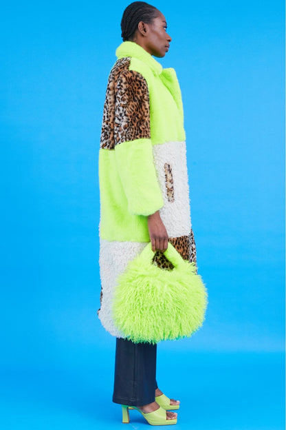 Maxi Checkered Leopard Print and Shearling Faux Fur Coat