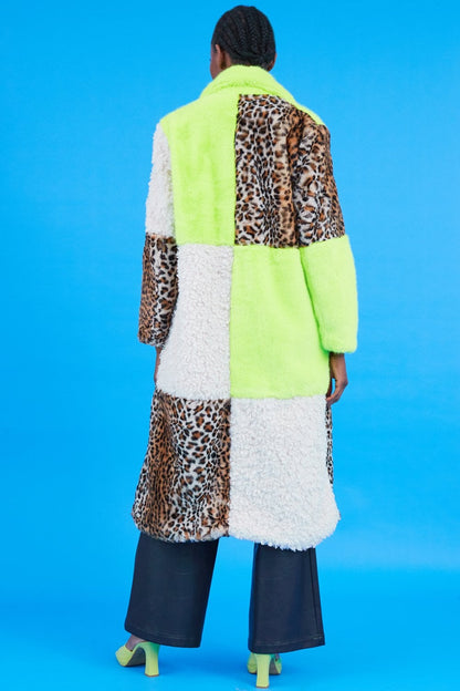 Maxi Checkered Leopard Print and Shearling Faux Fur Coat