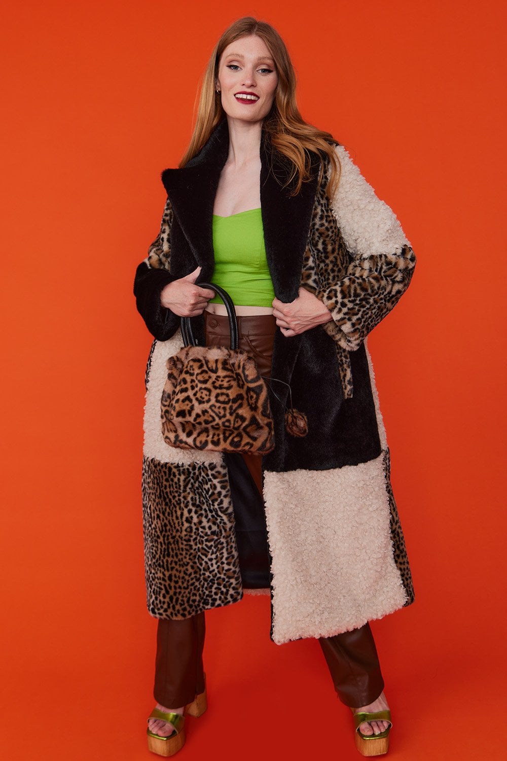 Maxi Checkered Leopard Print and Shearling Faux Fur Coat