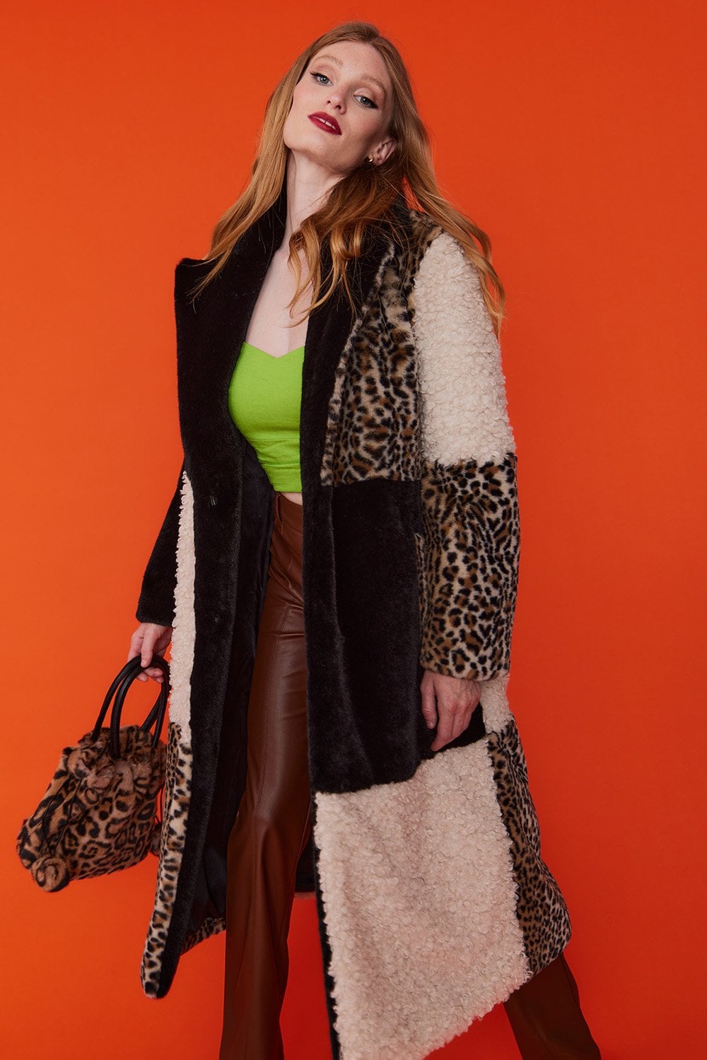 Maxi Checkered Leopard Print and Shearling Faux Fur Coat