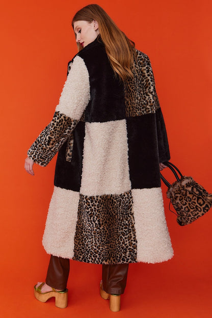 Maxi Checkered Leopard Print and Shearling Faux Fur Coat