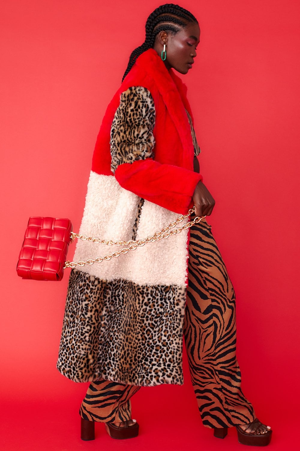 Maxi Checkered Leopard Print and Shearling Faux Fur Coat